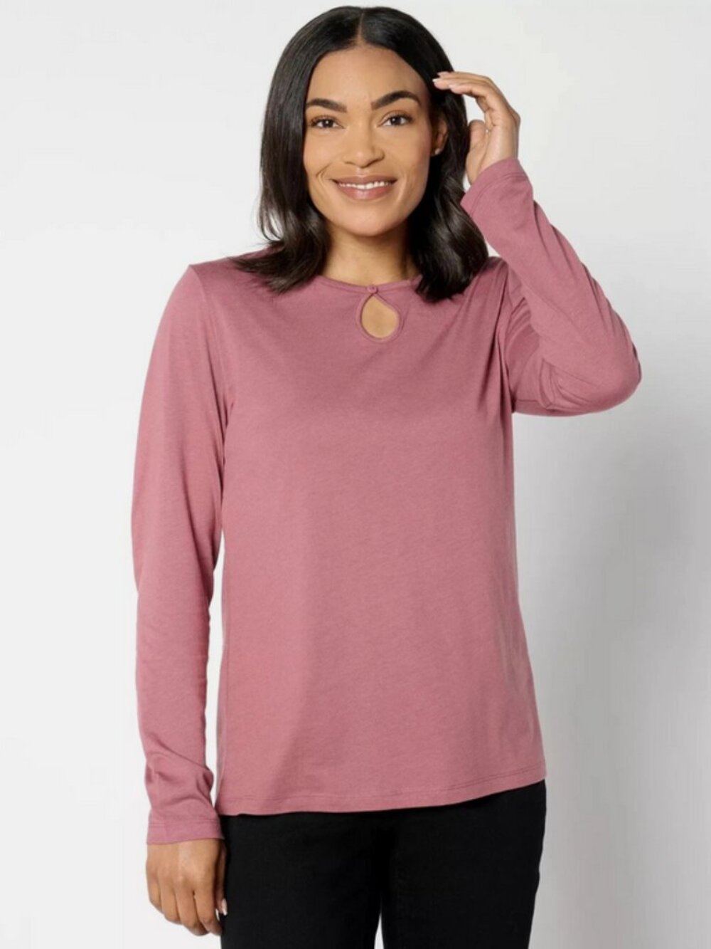 Denim & Co. Essentials Luxe Jersey Long Sleeve Keyhole Top Rose Brown XXS